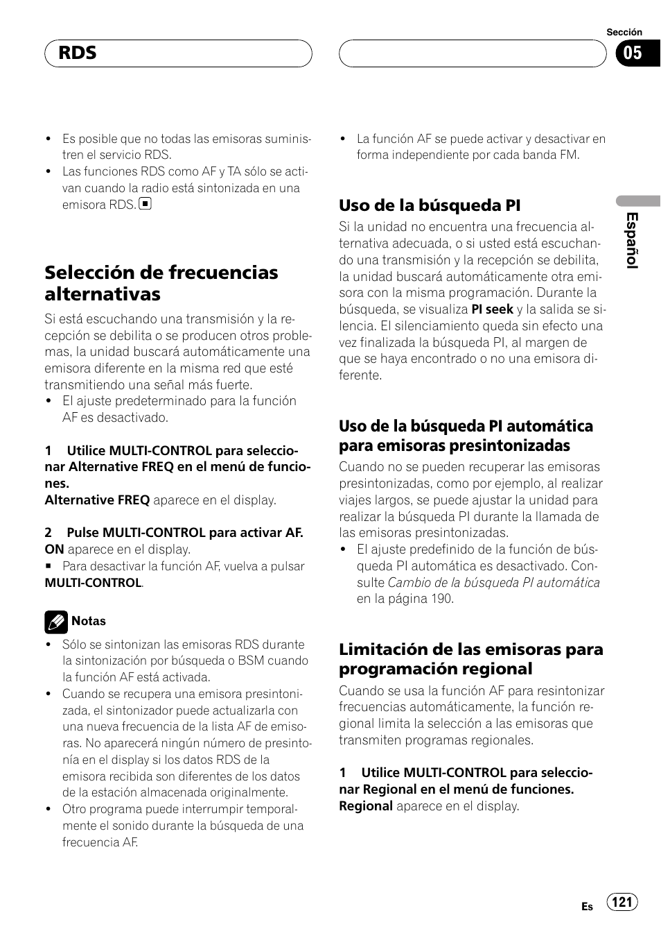 Selección de frecuencias alternativas, Uso de la búsqueda pi 121, Uso de la búsqueda pi automática para | Emisoras presintonizadas, Limitación de las emisoras para, Programación regional, Uso de la búsqueda pi | Pioneer DEH-P75BT User Manual | Page 121 / 207