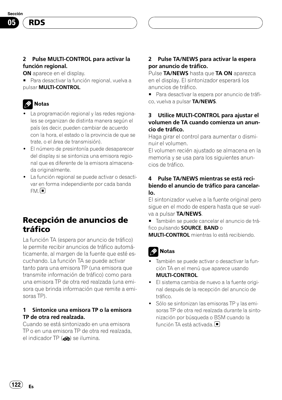 Recepción de anuncios de tráfico | Pioneer DEH-P75BT User Manual | Page 122 / 207