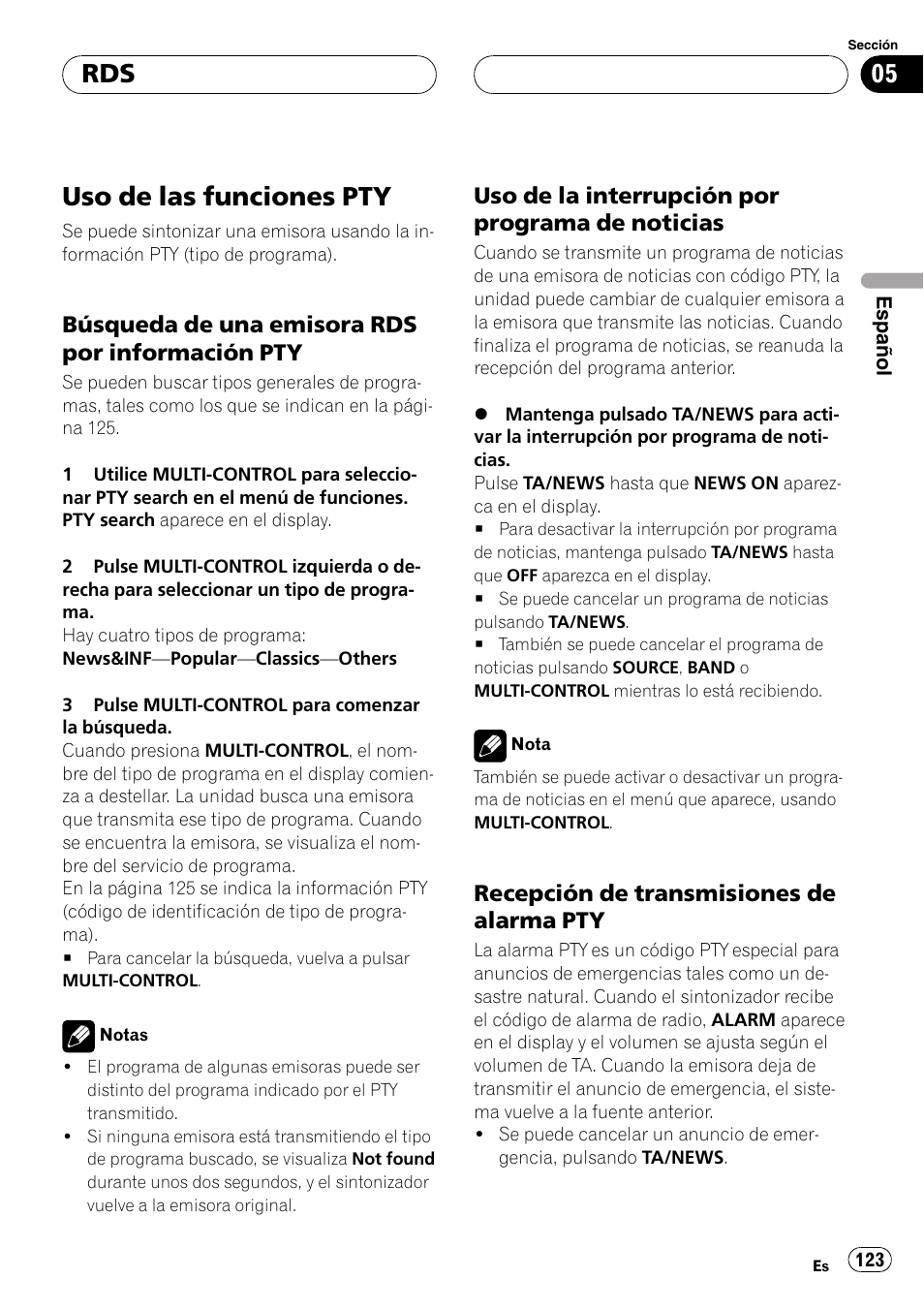 Uso de las funciones pty, Búsqueda de una emisora rds por, Información pty | Uso de la interrupción por programa de, Noticias, Recepción de transmisiones de alarma, Búsqueda de una emisora rds por información pty, Uso de la interrupción por programa de noticias, Recepción de transmisiones de alarma pty | Pioneer DEH-P75BT User Manual | Page 123 / 207