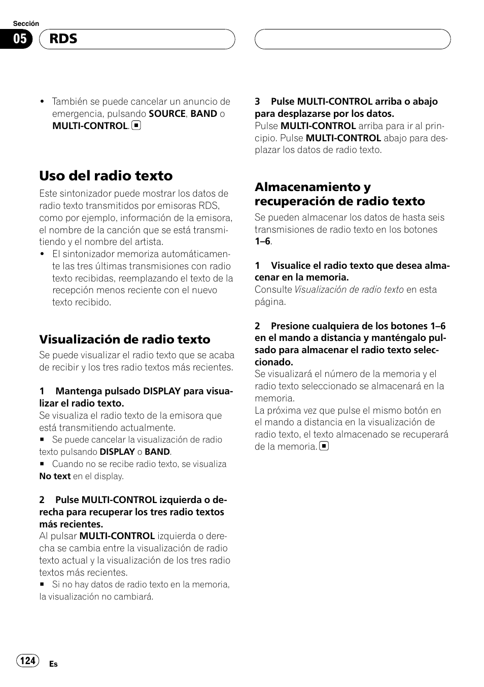 Uso del radio texto, Visualización de radio texto 124, Almacenamiento y recuperación de | Radio texto, Visualización de radio texto, Almacenamiento y recuperación de radio texto | Pioneer DEH-P75BT User Manual | Page 124 / 207
