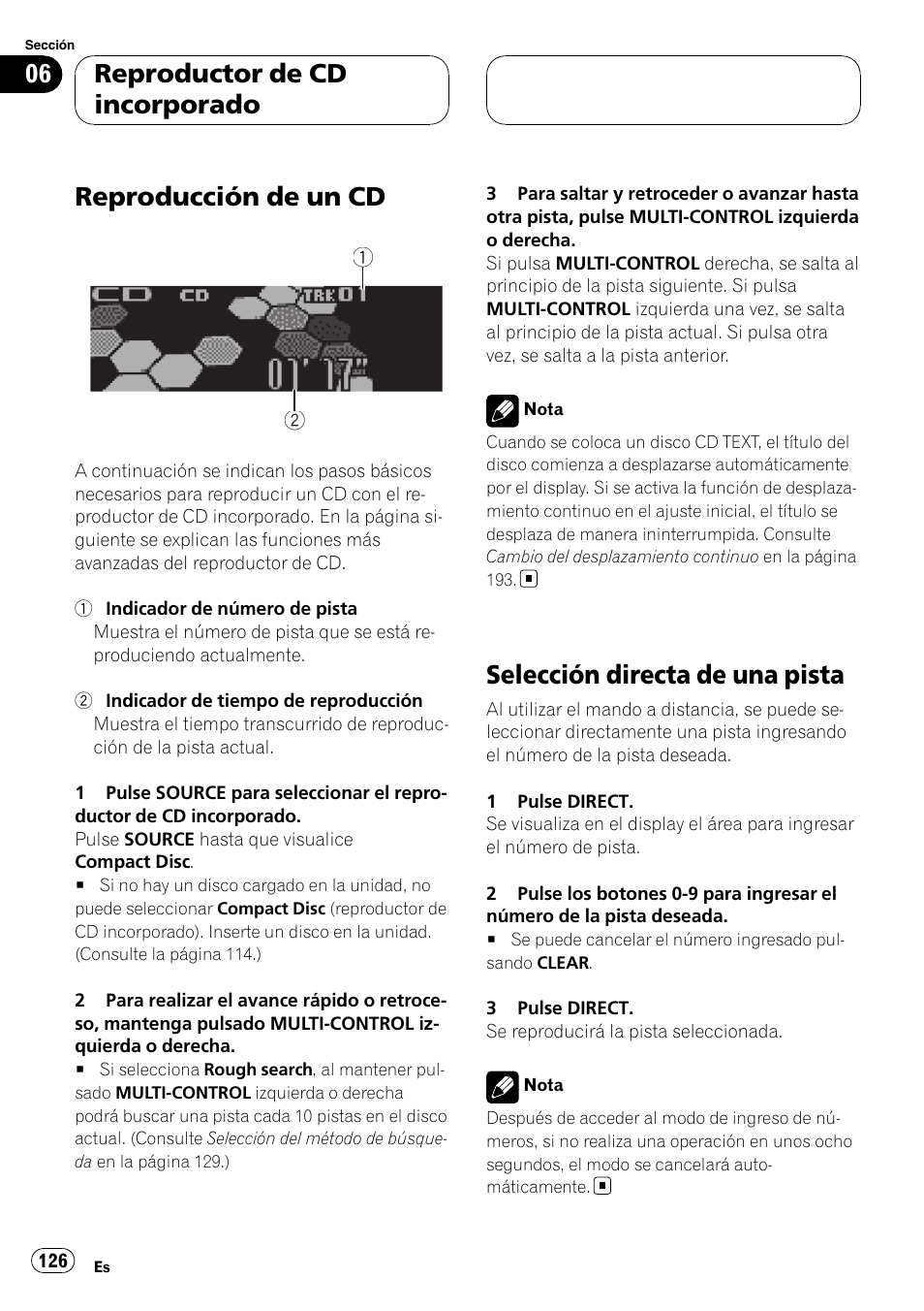 Selección directa de una pista, Reproducción de un cd, Reproductor de cd incorporado | Pioneer DEH-P75BT User Manual | Page 126 / 207
