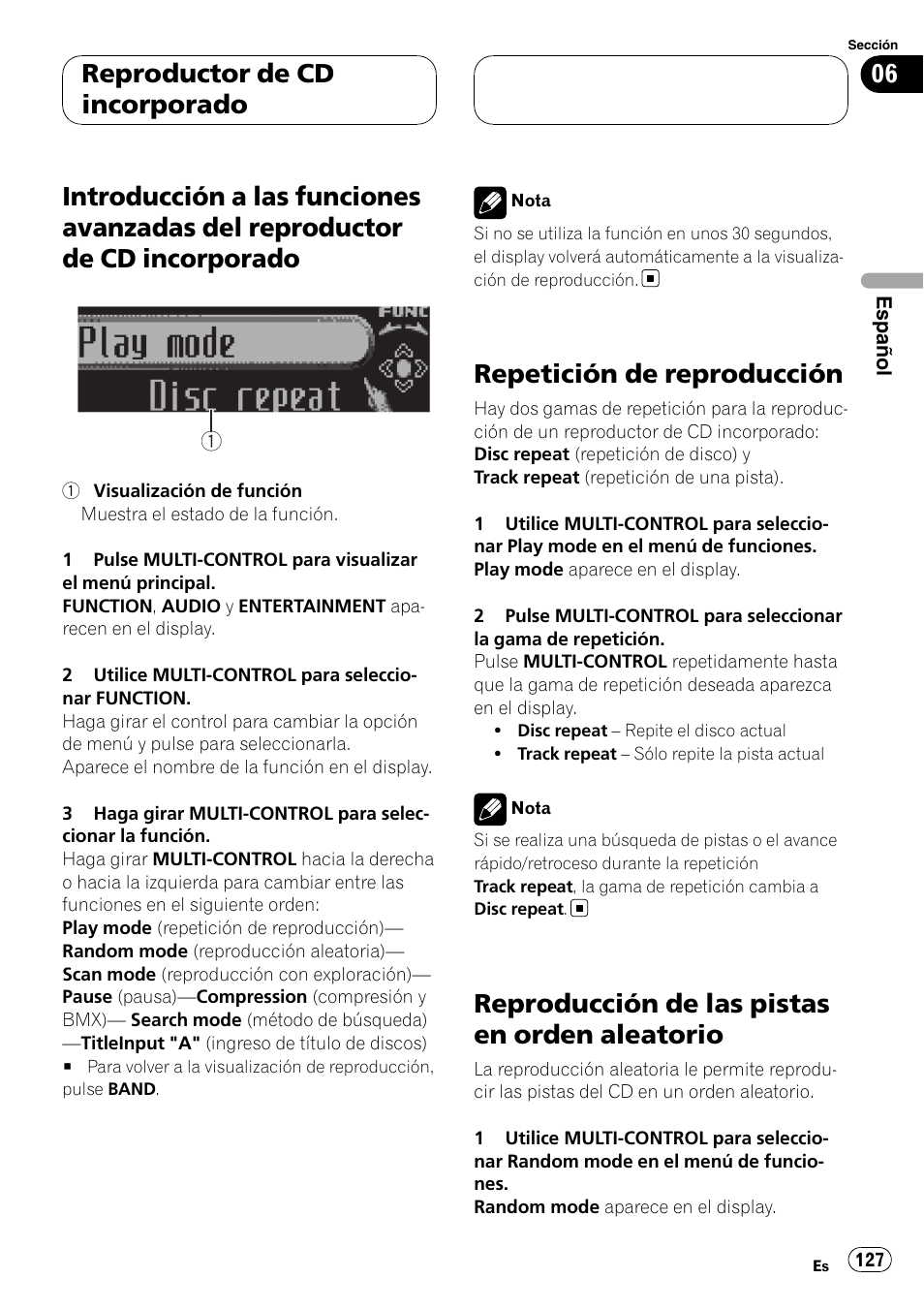 Introducción a las funciones avanzadas del, Reproductor de cd incorporado, Repetición de reproducción | Reproducción de las pistas en orden, Aleatorio, Reproducción de las pistas en orden aleatorio | Pioneer DEH-P75BT User Manual | Page 127 / 207