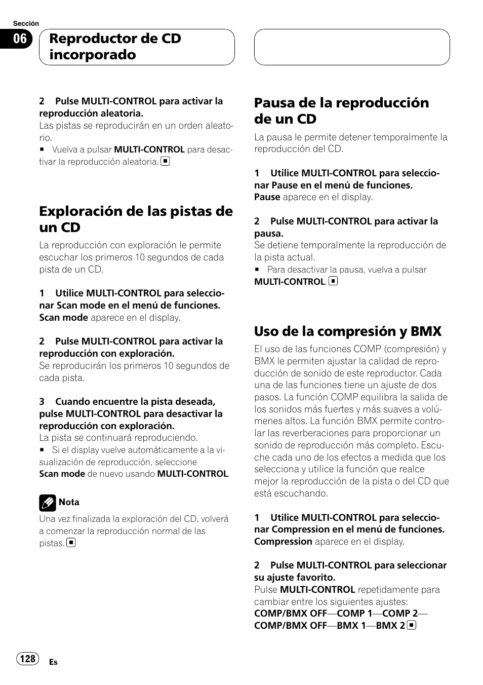 Exploración de las pistas de un cd, Pausa de la reproducción de un cd, Uso de la compresión y bmx | Reproductor de cd incorporado | Pioneer DEH-P75BT User Manual | Page 128 / 207