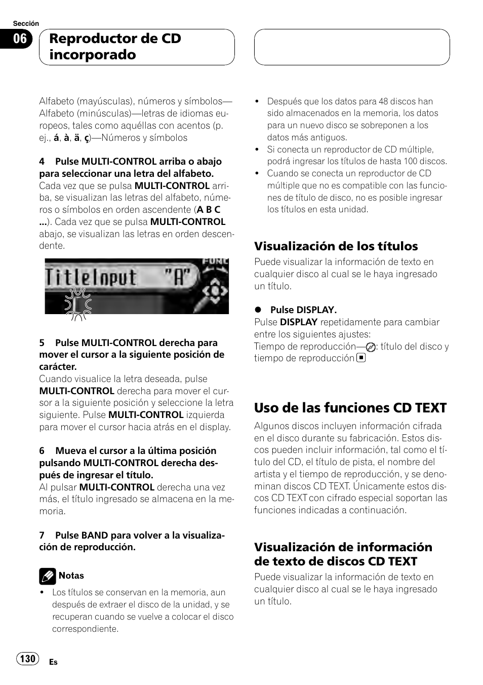 Visualización de los títulos 130, Uso de las funciones cd text, Visualización de información de texto | De discos cd text, Reproductor de cd incorporado, Visualización de los títulos | Pioneer DEH-P75BT User Manual | Page 130 / 207