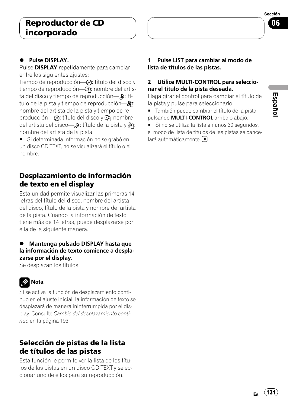 Desplazamiento de información de, Texto en el display, Selección de pistas de la lista de títulos | De las pistas, Reproductor de cd incorporado | Pioneer DEH-P75BT User Manual | Page 131 / 207