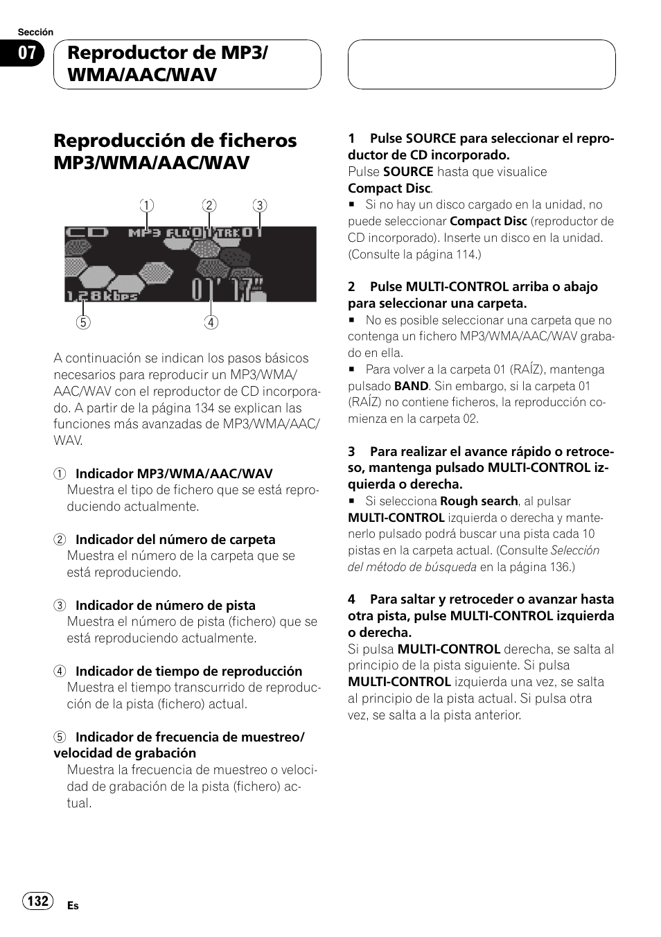 Reproducción de ficheros mp3/wma/aac/wav, Reproductor de mp3/ wma/aac/wav | Pioneer DEH-P75BT User Manual | Page 132 / 207
