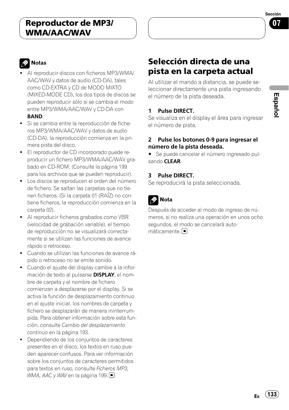 Selección directa de una pista en la carpeta, Actual, Reproductor de mp3/ wma/aac/wav | Pioneer DEH-P75BT User Manual | Page 133 / 207