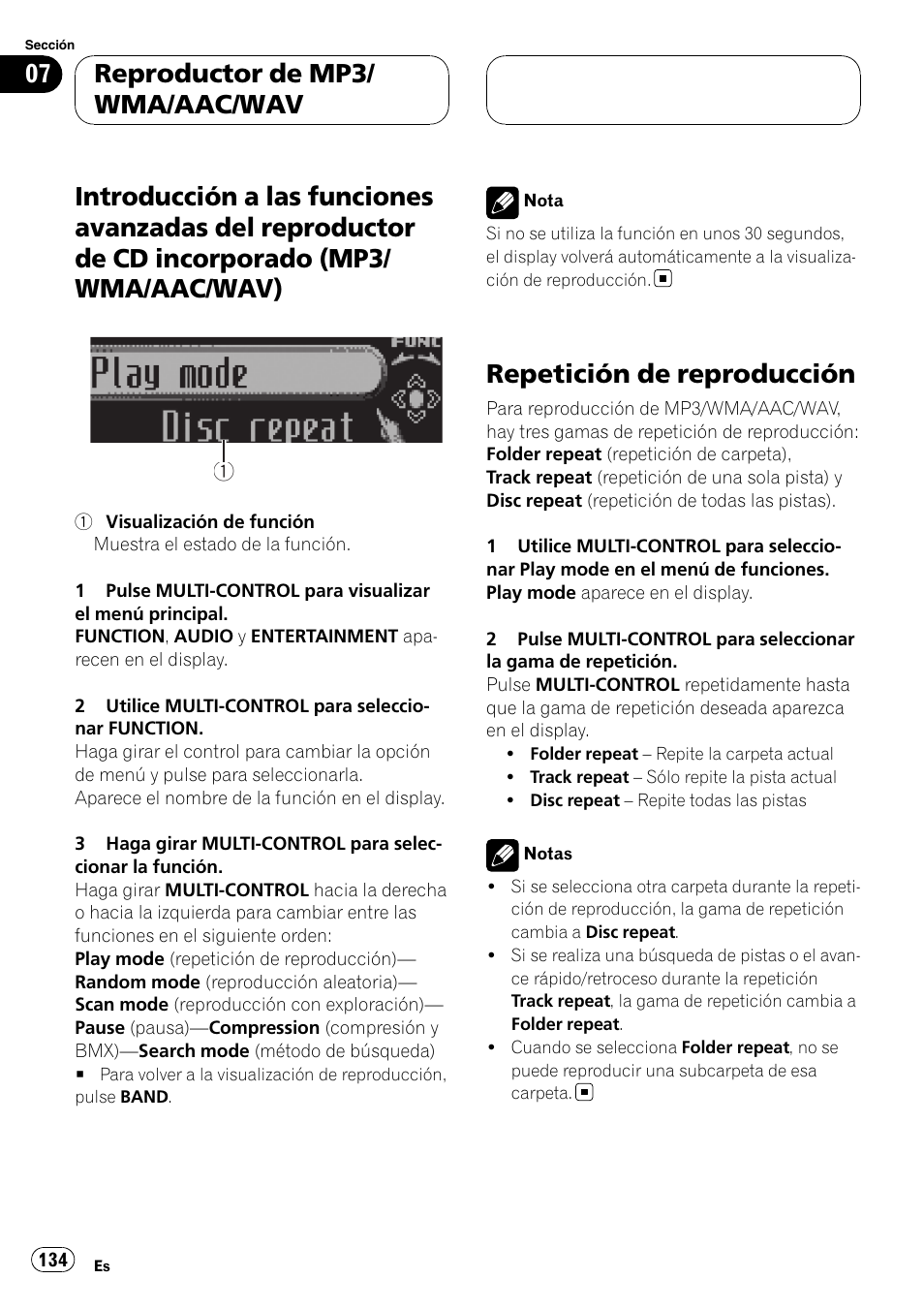 Introducción a las funciones avanzadas del, Reproductor de cd incorporado (mp3/ wma/aac/wav), Repetición de reproducción | Reproductor de mp3/ wma/aac/wav | Pioneer DEH-P75BT User Manual | Page 134 / 207