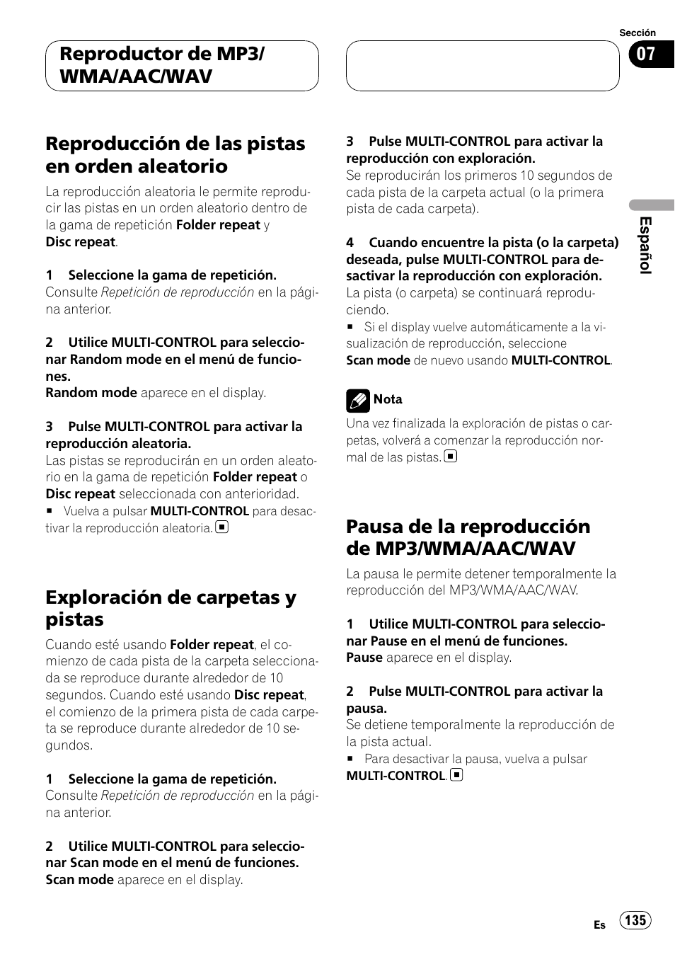 Reproducción de las pistas en orden, Aleatorio, Exploración de carpetas y pistas | Pausa de la reproducción de mp3/wma, Aac/wav, Reproducción de las pistas en orden aleatorio, Pausa de la reproducción de mp3/wma/aac/wav, Reproductor de mp3/ wma/aac/wav | Pioneer DEH-P75BT User Manual | Page 135 / 207