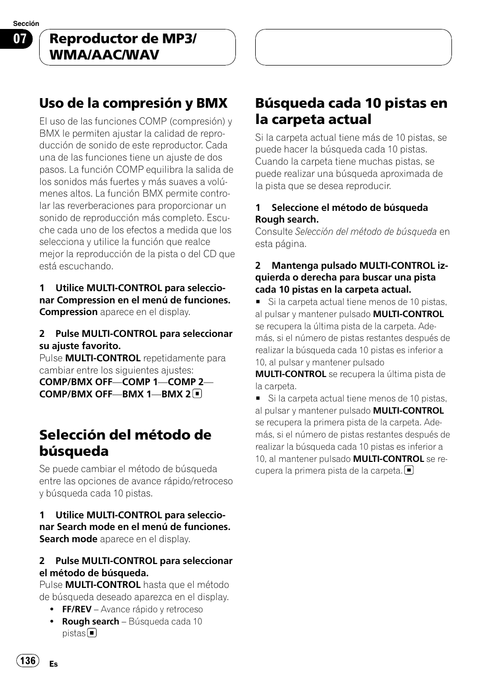 Uso de la compresión y bmx, Selección del método de búsqueda, Búsqueda cada 10 pistas en la carpeta | Actual, Búsqueda cada 10 pistas en la carpeta actual, Reproductor de mp3/ wma/aac/wav | Pioneer DEH-P75BT User Manual | Page 136 / 207