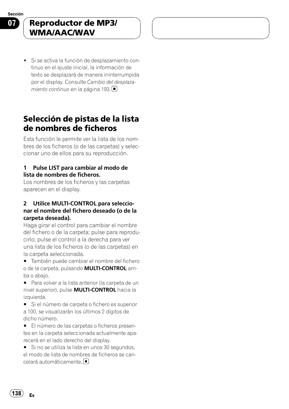 Selección de pistas de la lista de nombres de, Ficheros, Reproductor de mp3/ wma/aac/wav | Pioneer DEH-P75BT User Manual | Page 138 / 207