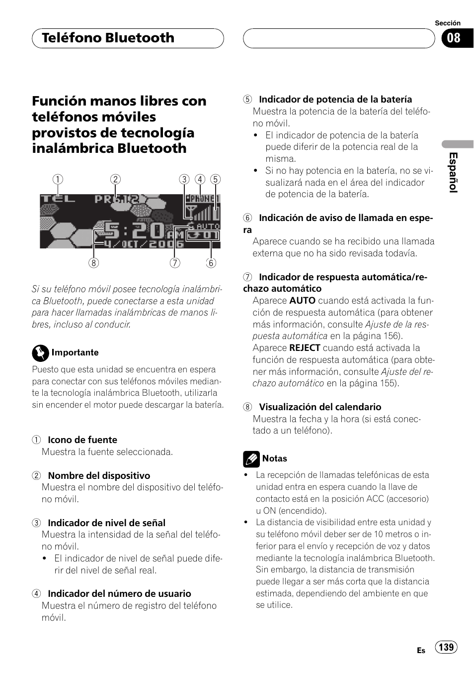 Provistos de tecnología inalámbrica bluetooth, Teléfono bluetooth | Pioneer DEH-P75BT User Manual | Page 139 / 207