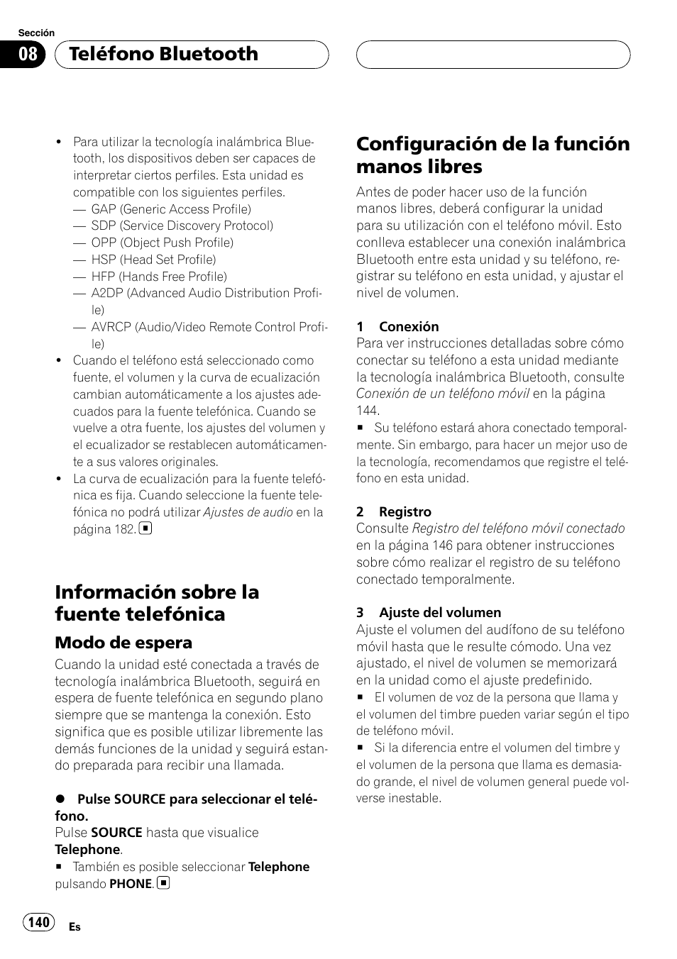 Información sobre la fuente telefónica, Modo de espera 140, Configuración de la función manos | Libres, Configuración de la función manos libres, Teléfono bluetooth, Modo de espera | Pioneer DEH-P75BT User Manual | Page 140 / 207