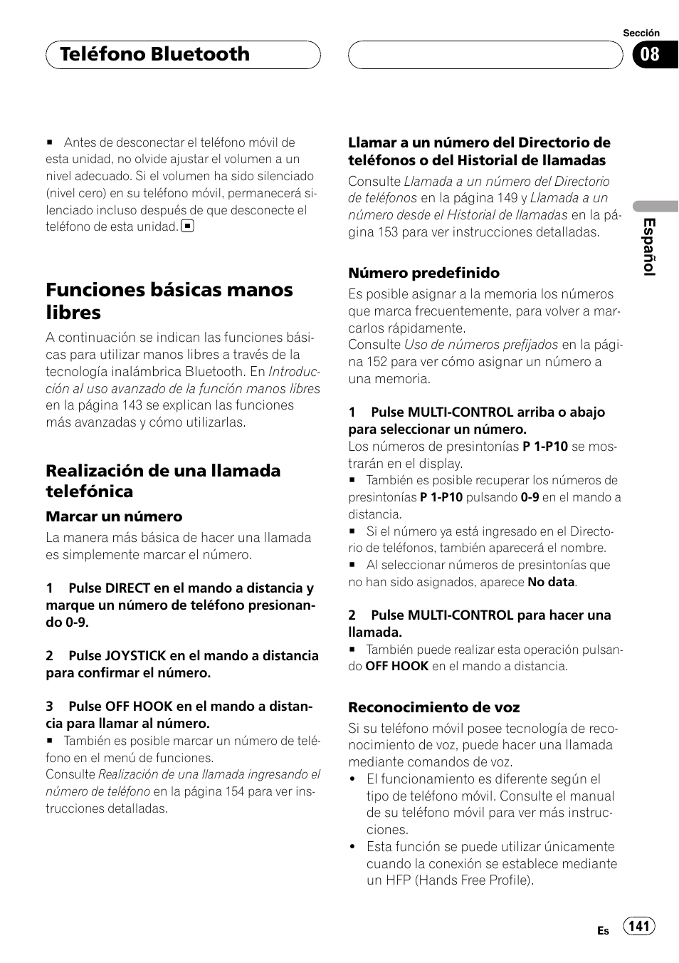 Funciones básicas manos libres, Realización de una llamada, Telefónica | Teléfono bluetooth, Realización de una llamada telefónica | Pioneer DEH-P75BT User Manual | Page 141 / 207