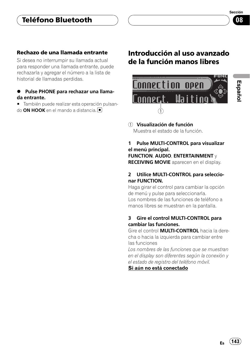 Introducción al uso avanzado de la función, Manos libres, Teléfono bluetooth | Pioneer DEH-P75BT User Manual | Page 143 / 207
