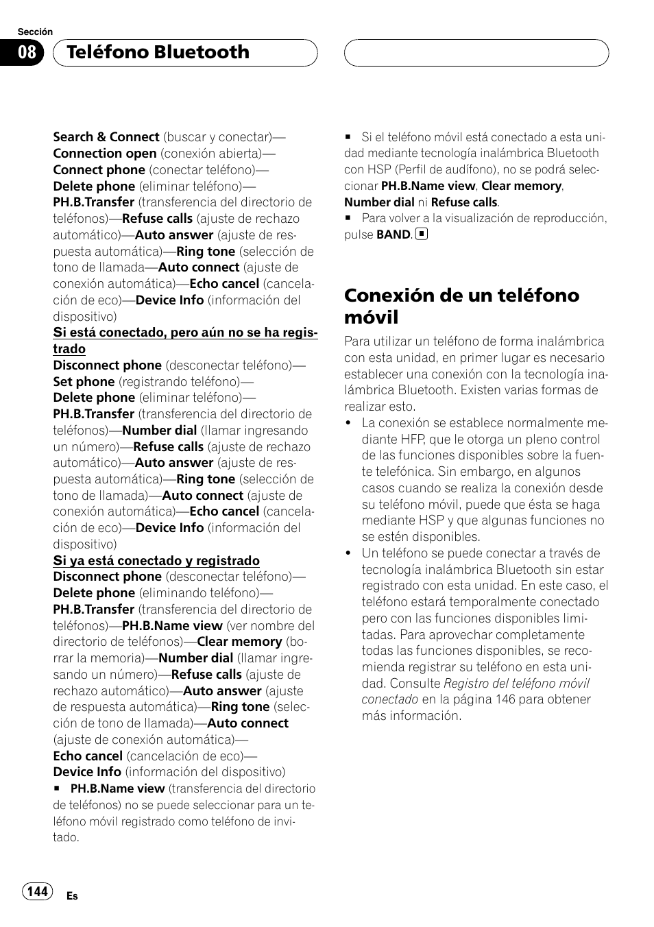 Conexión de un teléfono móvil, Teléfono bluetooth | Pioneer DEH-P75BT User Manual | Page 144 / 207