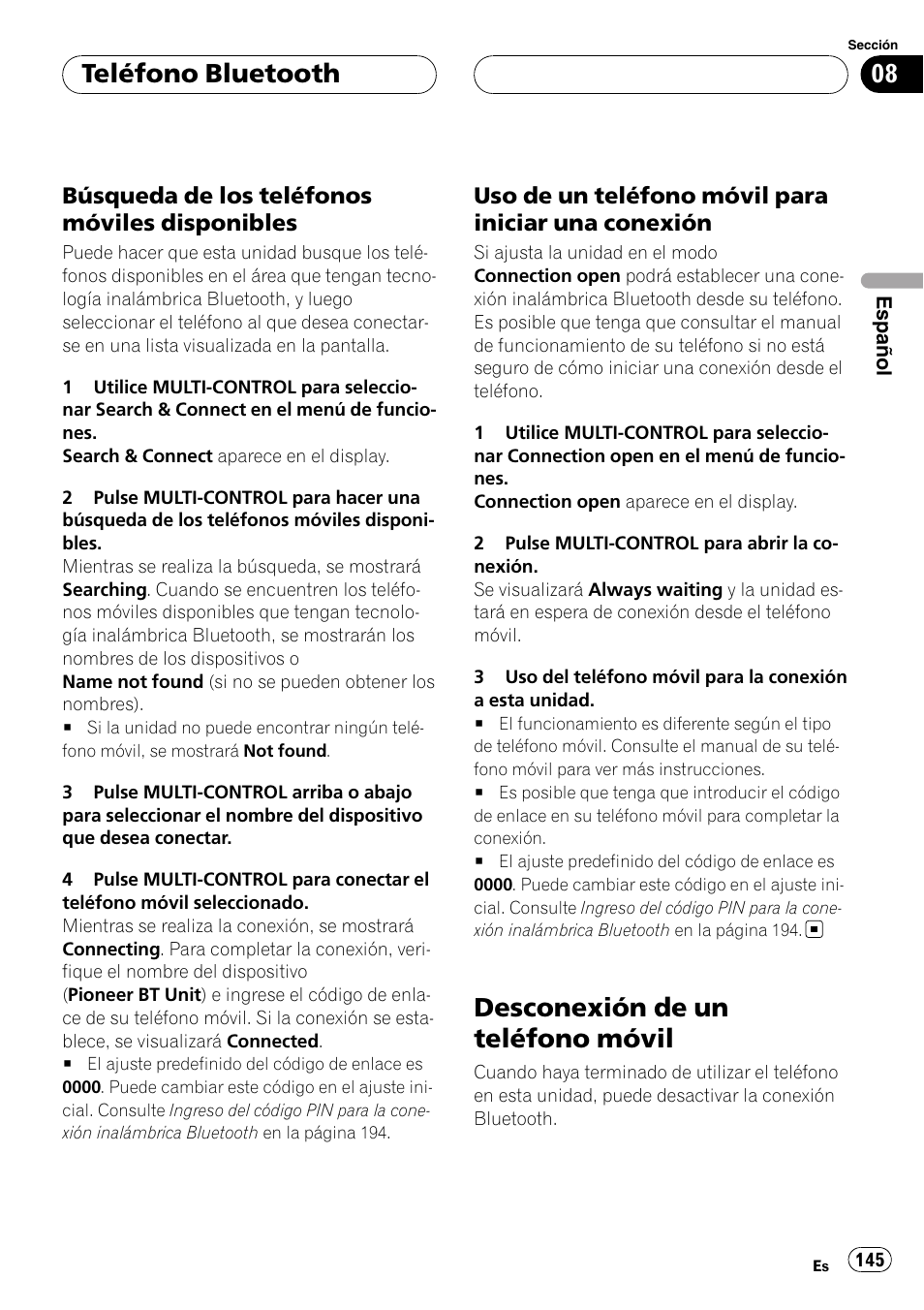 Búsqueda de los teléfonos móviles, Disponibles, Uso de un teléfono móvil para iniciar | Una conexión, Desconexión de un teléfono móvil, Teléfono bluetooth, Búsqueda de los teléfonos móviles disponibles, Uso de un teléfono móvil para iniciar una conexión | Pioneer DEH-P75BT User Manual | Page 145 / 207