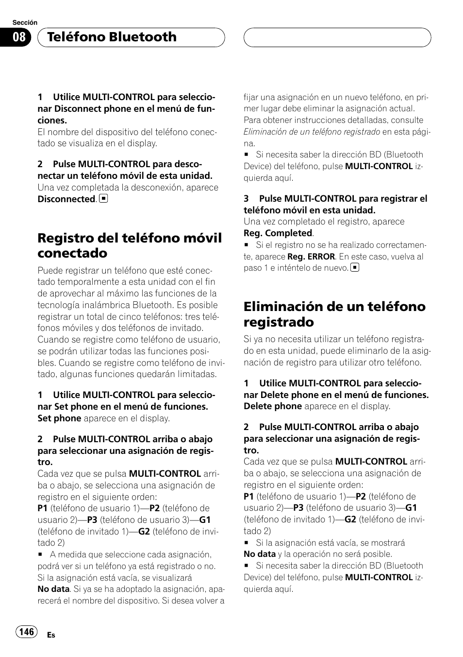 Registro del teléfono móvil conectado, Eliminación de un teléfono registrado, Teléfono bluetooth | Pioneer DEH-P75BT User Manual | Page 146 / 207