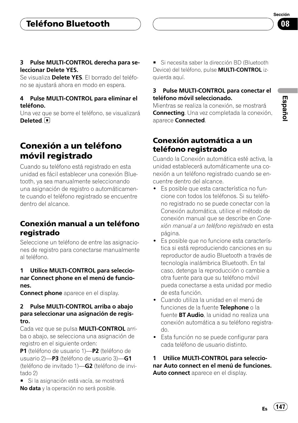Conexión a un teléfono móvil, Registrado, Conexión manual a un teléfono | Conexión automática a un teléfono, Conexión a un teléfono móvil registrado, Teléfono bluetooth, Conexión manual a un teléfono registrado, Conexión automática a un teléfono registrado | Pioneer DEH-P75BT User Manual | Page 147 / 207