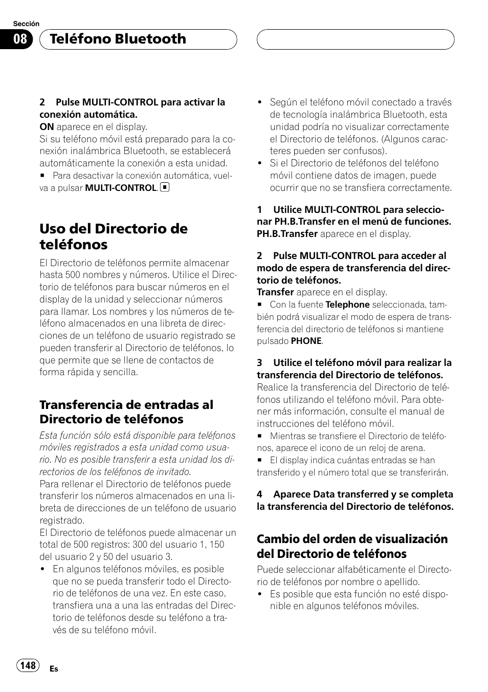 Uso del directorio de teléfonos, Transferencia de entradas al directorio, De teléfonos | Cambio del orden de visualización del, Directorio de teléfonos, Teléfono bluetooth | Pioneer DEH-P75BT User Manual | Page 148 / 207