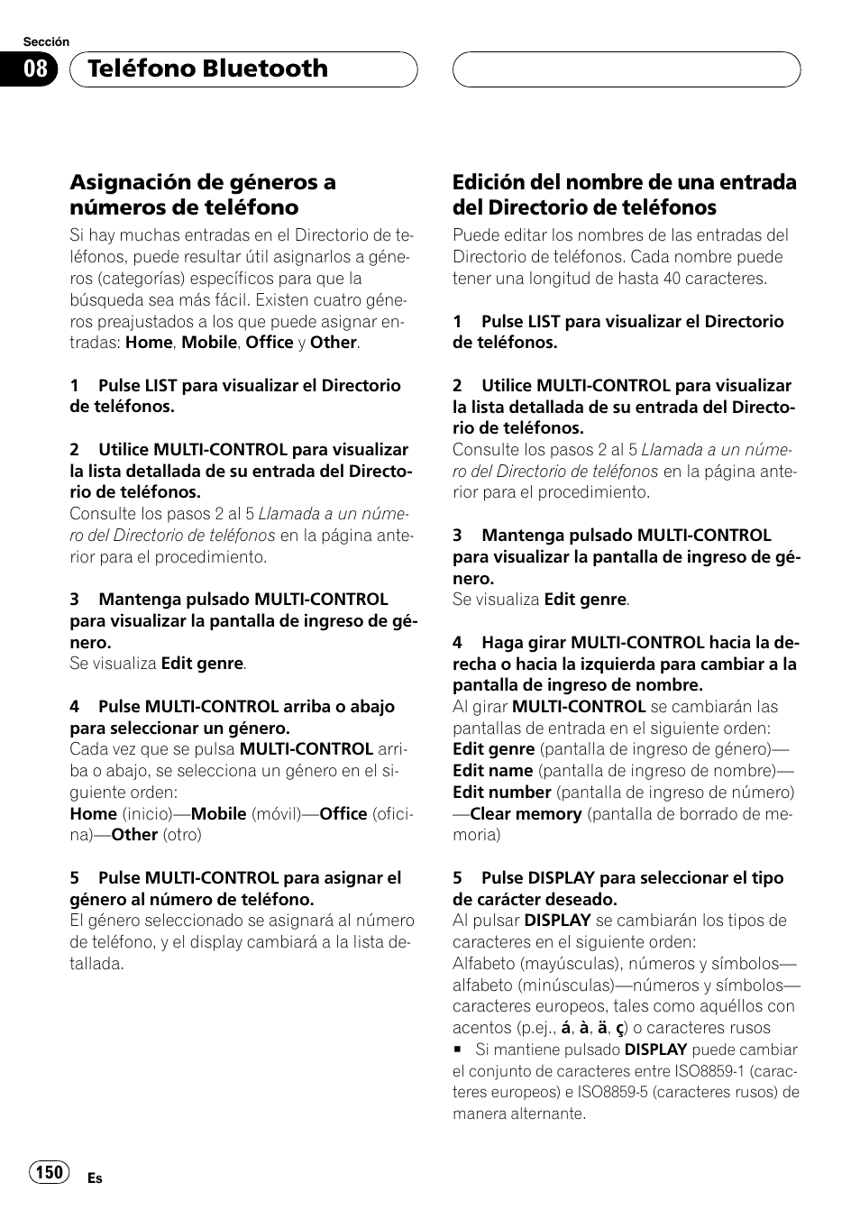 Asignación de géneros a números de, Teléfono, Edición del nombre de una entrada del | Directorio de teléfonos, Teléfono bluetooth, Asignación de géneros a números de teléfono | Pioneer DEH-P75BT User Manual | Page 150 / 207