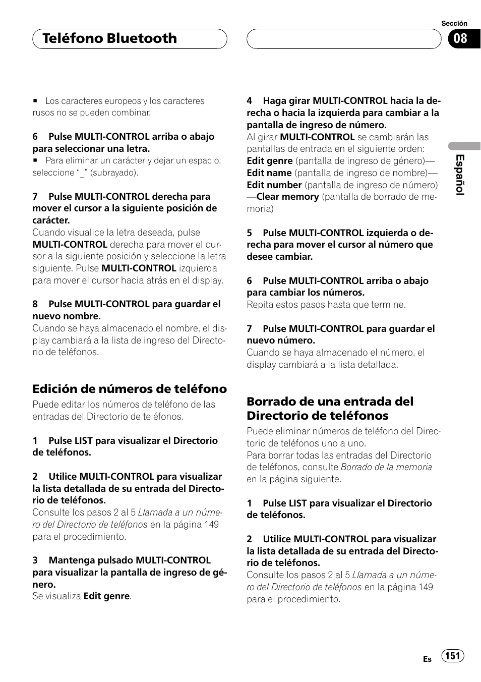 Edición de números de teléfono 151, Borrado de una entrada del directorio, De teléfonos | Teléfono bluetooth, Edición de números de teléfono, Borrado de una entrada del directorio de teléfonos | Pioneer DEH-P75BT User Manual | Page 151 / 207