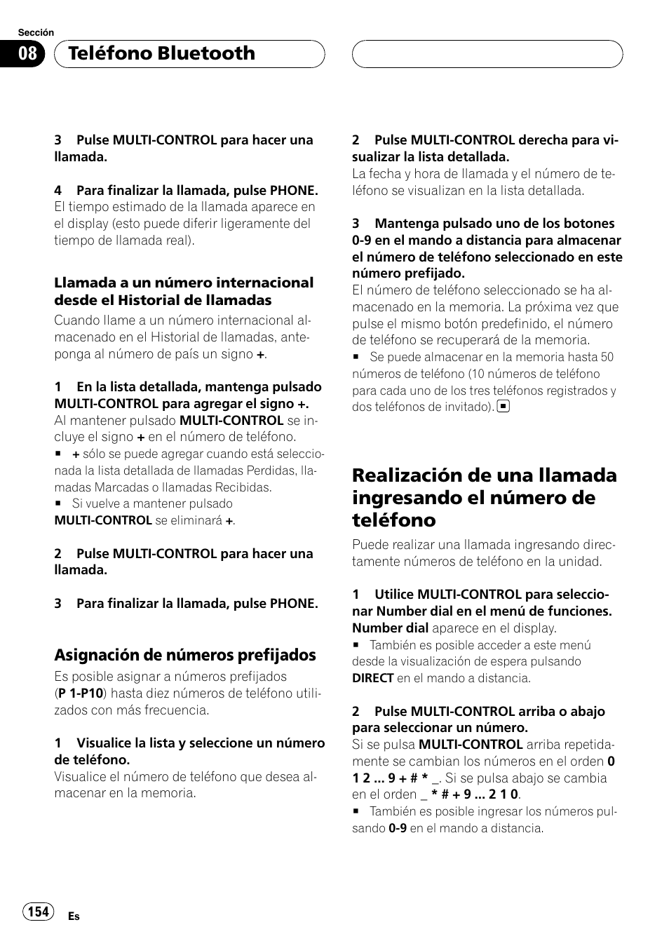 Asignación de números, Prefijados, Realización de una llamada ingresando el | Número de teléfono, Teléfono bluetooth, Asignación de números prefijados | Pioneer DEH-P75BT User Manual | Page 154 / 207