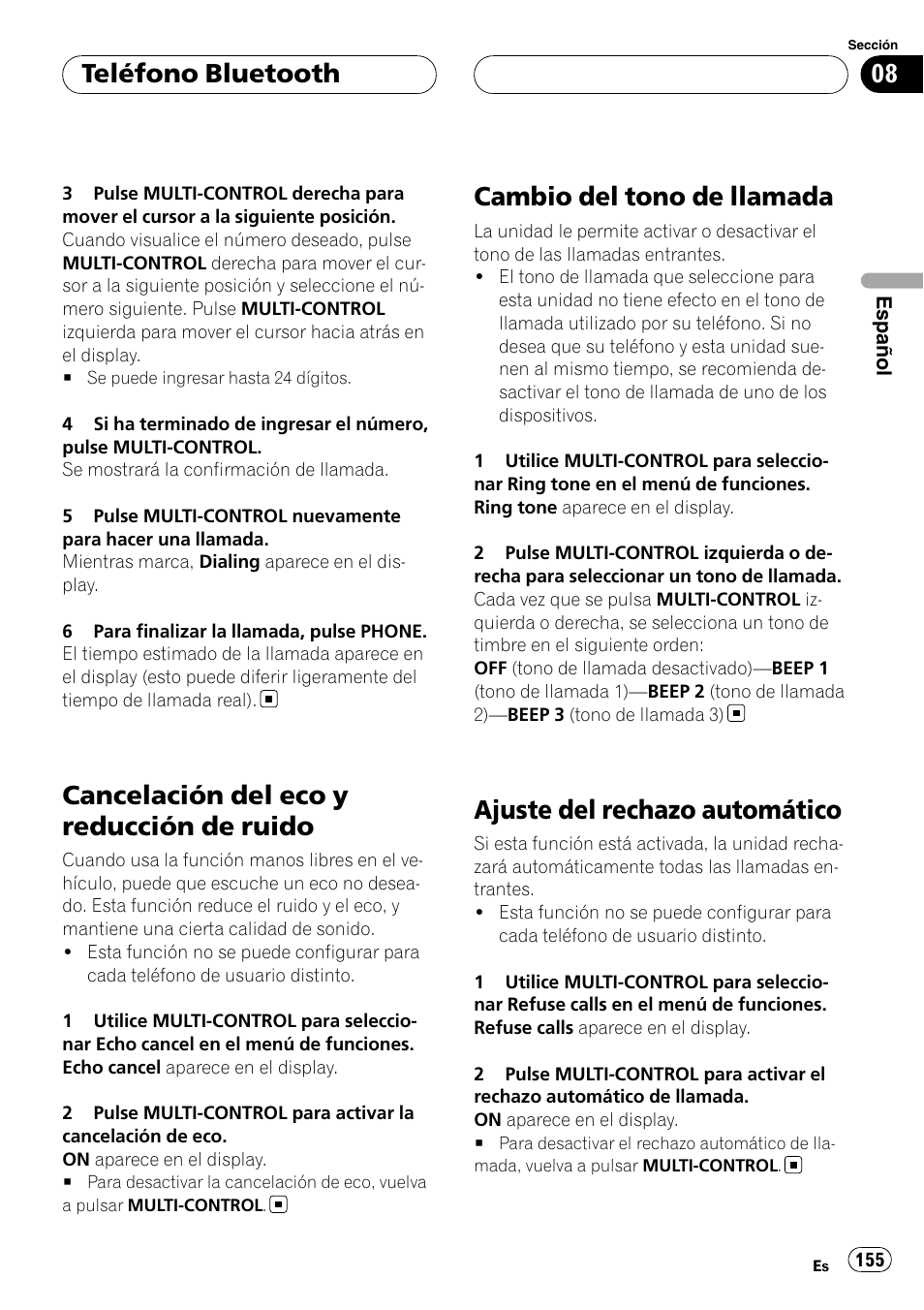 Cancelación del eco y reducción de, Ruido, Cambio del tono de llamada | Ajuste del rechazo automático, Cancelación del eco y reducción de ruido, Teléfono bluetooth | Pioneer DEH-P75BT User Manual | Page 155 / 207