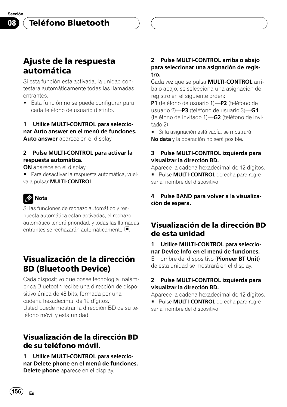 Ajuste de la respuesta automática, Visualización de la dirección bd (bluetooth, Device) | Visualización de la dirección bd de su, Teléfono móvil, Visualización de la dirección bd de, Esta unidad, Teléfono bluetooth, Visualización de la dirección bd de esta unidad | Pioneer DEH-P75BT User Manual | Page 156 / 207