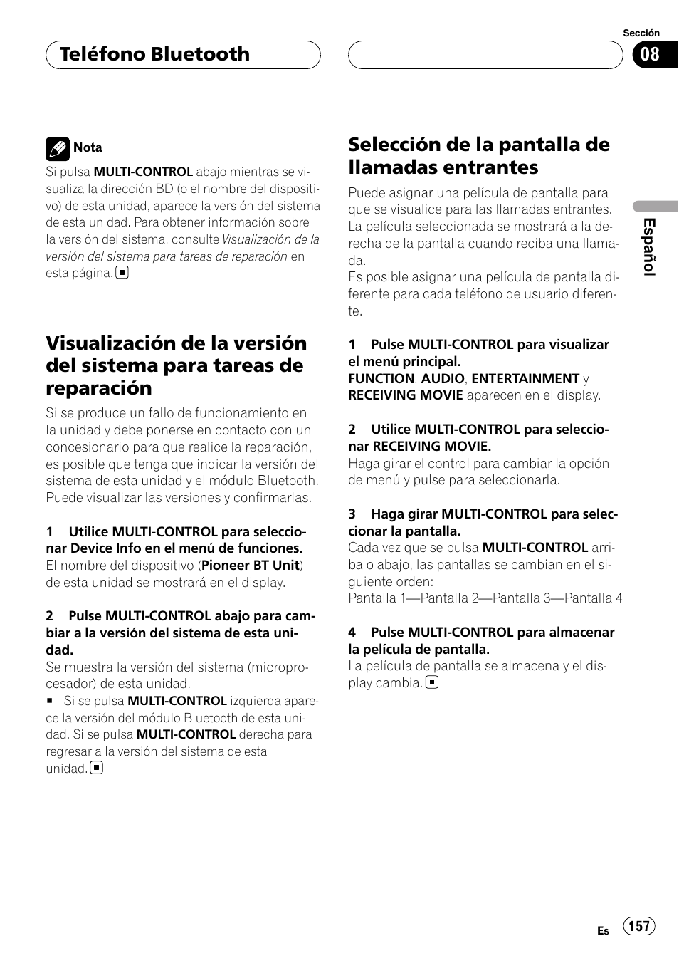 Visualización de la versión del sistema para, Tareas de reparación, Selección de la pantalla de llamadas | Entrantes, Selección de la pantalla de llamadas entrantes, Teléfono bluetooth | Pioneer DEH-P75BT User Manual | Page 157 / 207