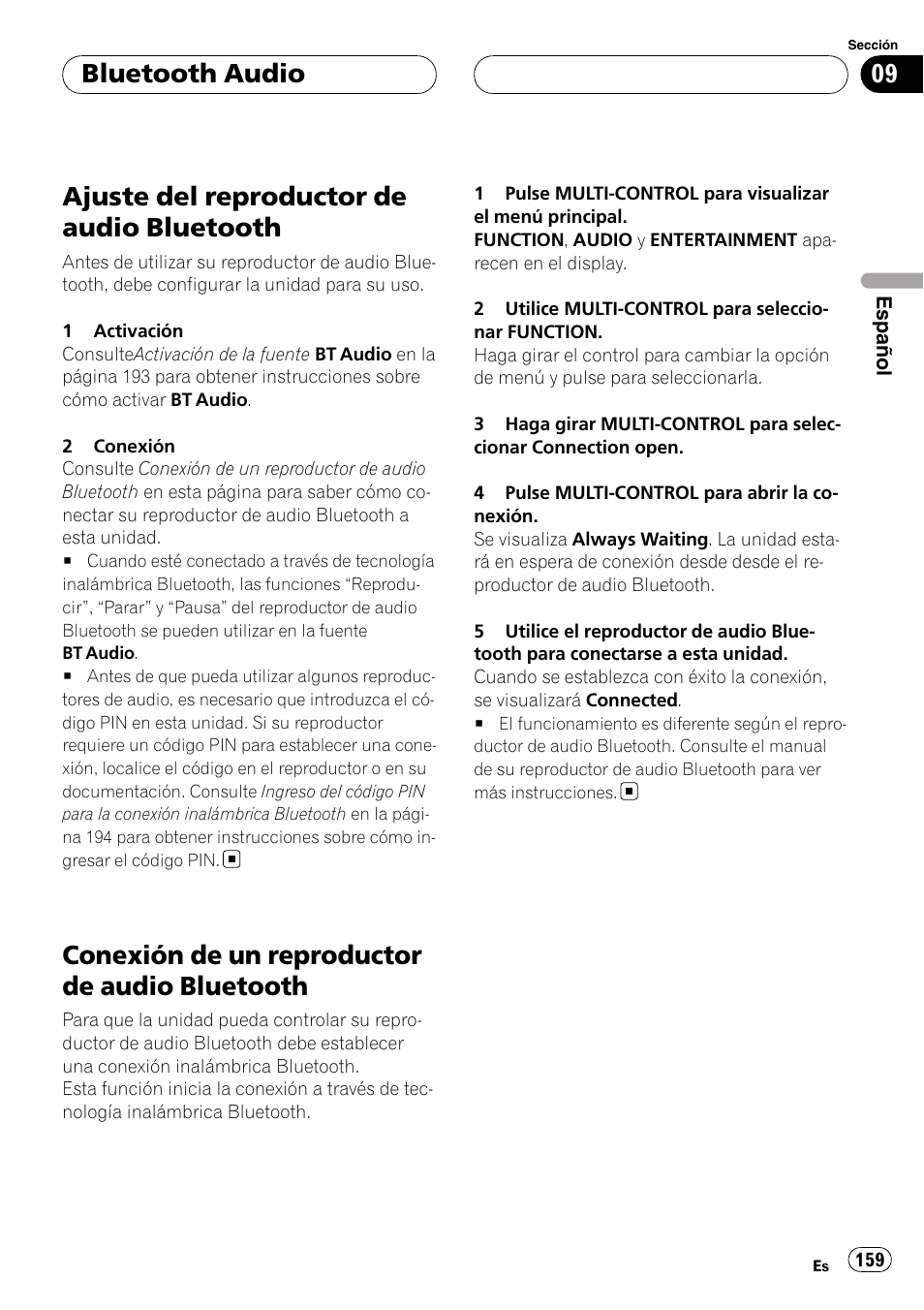 Ajuste del reproductor de audio, Bluetooth, Conexión de un reproductor de audio | Ajuste del reproductor de audio bluetooth, Conexión de un reproductor de audio bluetooth, Bluetooth audio | Pioneer DEH-P75BT User Manual | Page 159 / 207