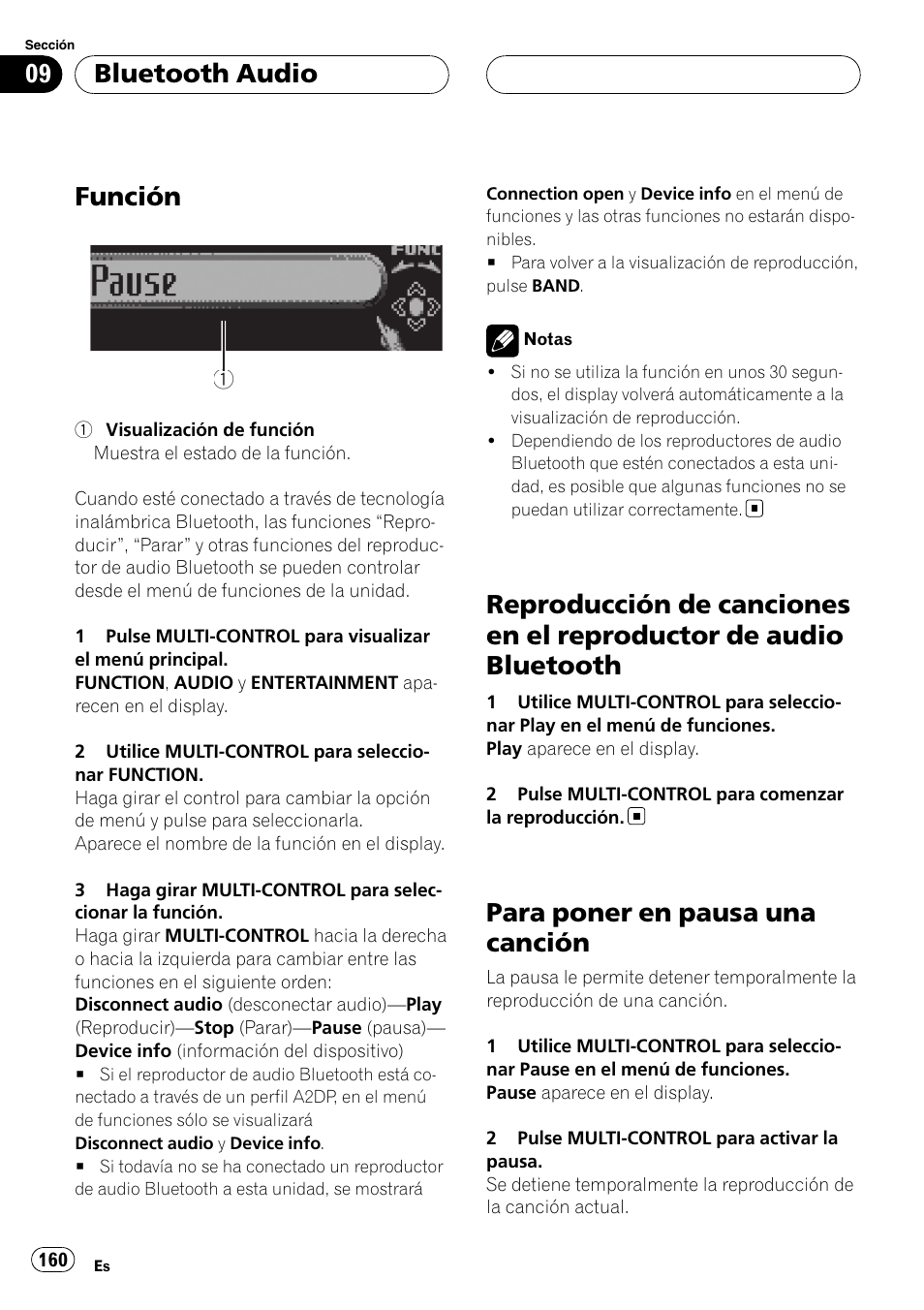Función, Reproducción de canciones en el, Reproductor de audio bluetooth | Para poner en pausa una canción, Bluetooth audio | Pioneer DEH-P75BT User Manual | Page 160 / 207