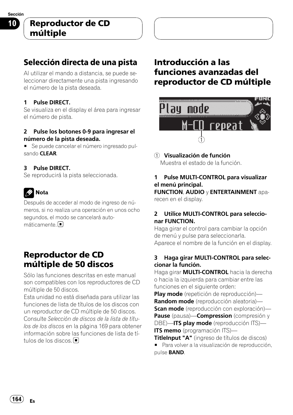 Selección directa de una pista, Reproductor de cd múltiple de 50, Discos | Introducción a las funciones avanzadas del, Reproductor de cd múltiple, Reproductor de cd múltiple de 50 discos | Pioneer DEH-P75BT User Manual | Page 164 / 207