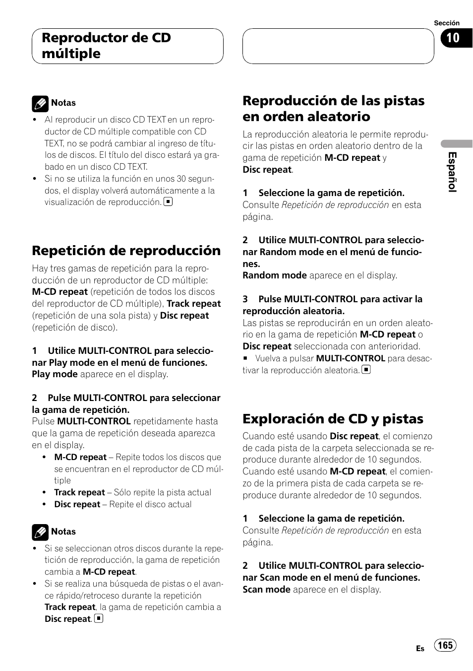 Repetición de reproducción, Reproducción de las pistas en orden, Aleatorio | Exploración de cd y pistas, Reproducción de las pistas en orden aleatorio, Reproductor de cd múltiple | Pioneer DEH-P75BT User Manual | Page 165 / 207