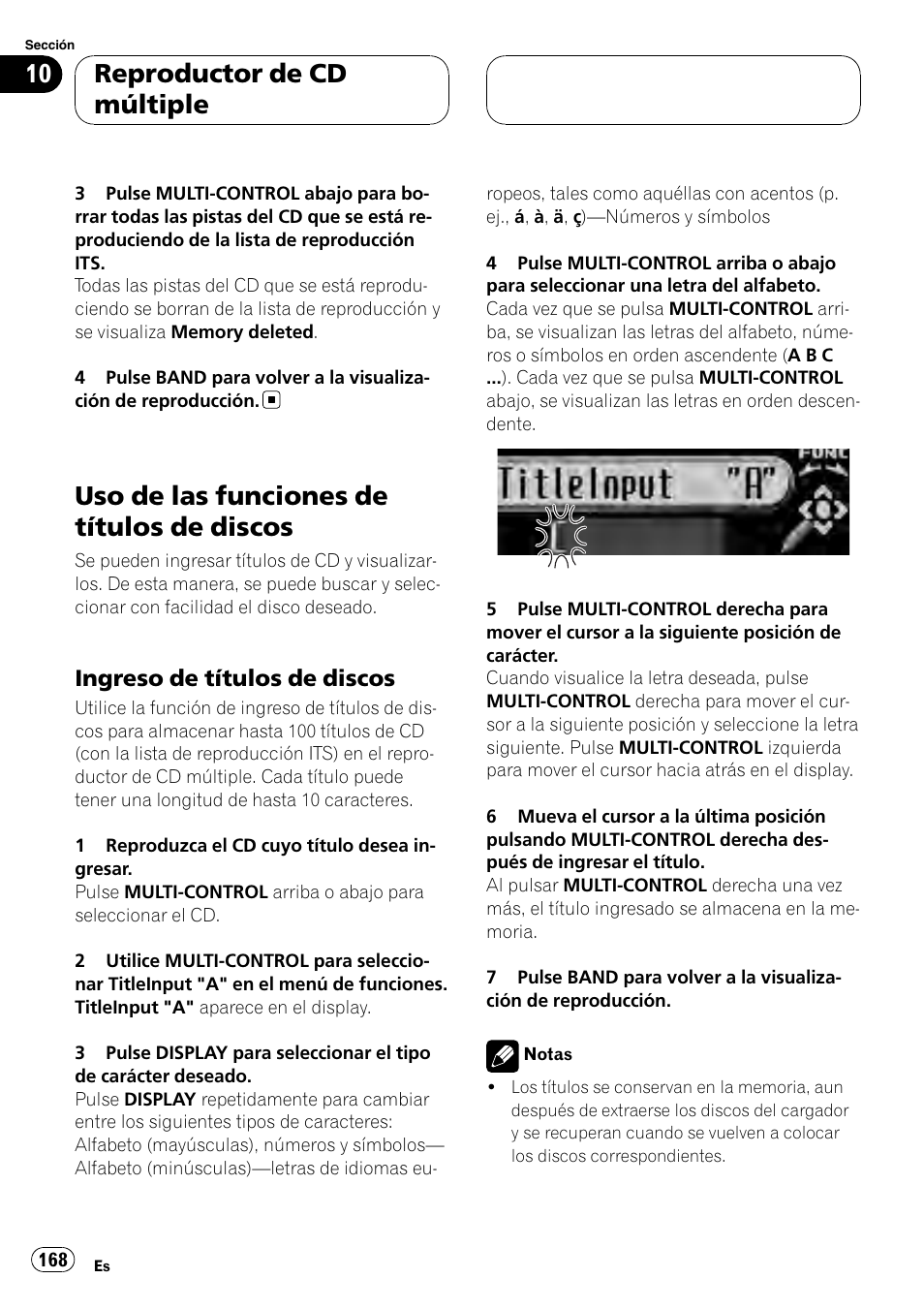 Uso de las funciones de títulos de, Discos, Ingreso de títulos de discos 168 | Uso de las funciones de títulos de discos, Reproductor de cd múltiple, Ingreso de títulos de discos | Pioneer DEH-P75BT User Manual | Page 168 / 207