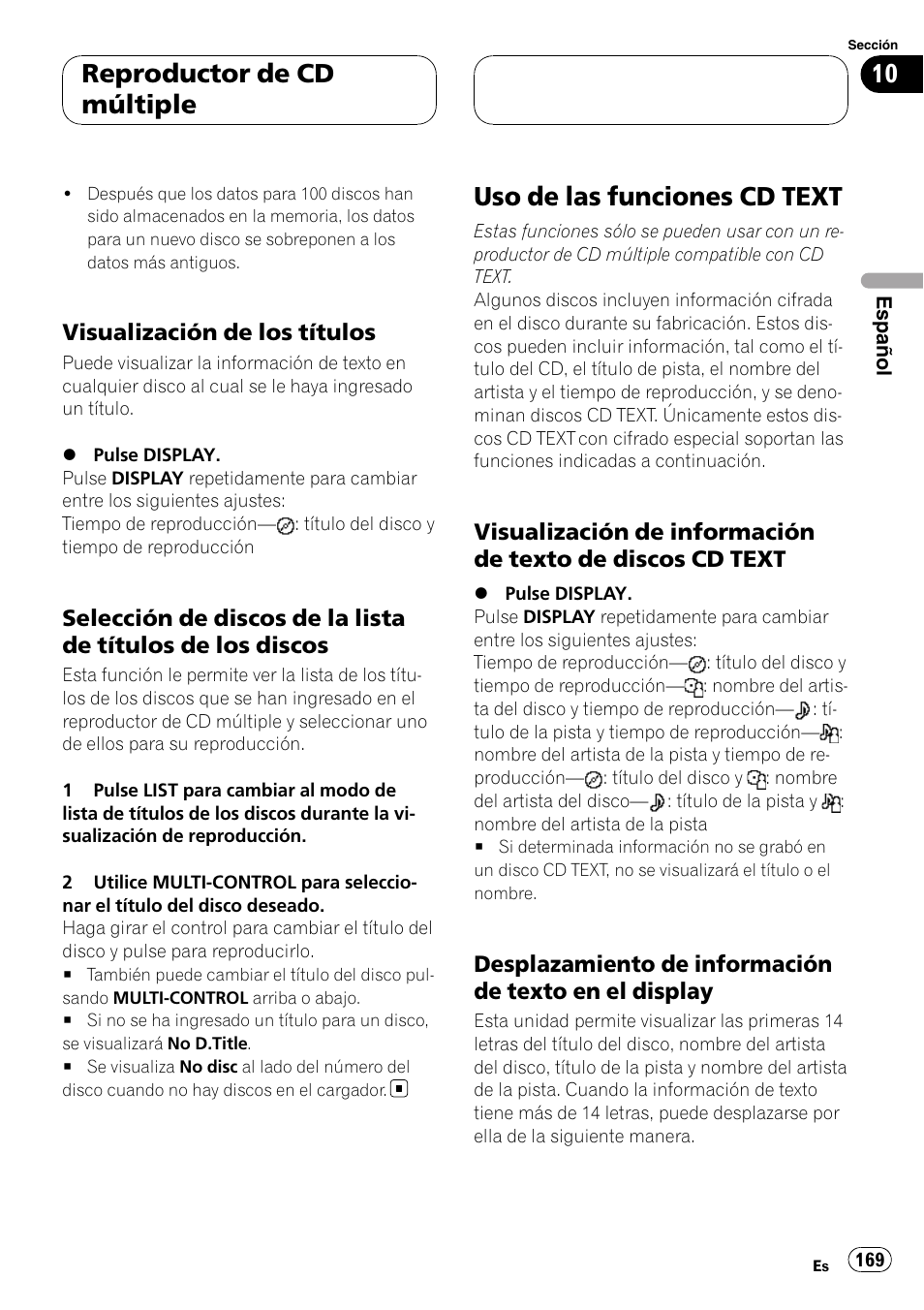 Visualización de los títulos 169, Selección de discos de la lista de, Títulos de los discos | Uso de las funciones cd text, Visualización de información de texto, De discos cd text, Desplazamiento de información de, Texto en el display, Reproductor de cd múltiple, Visualización de los títulos | Pioneer DEH-P75BT User Manual | Page 169 / 207