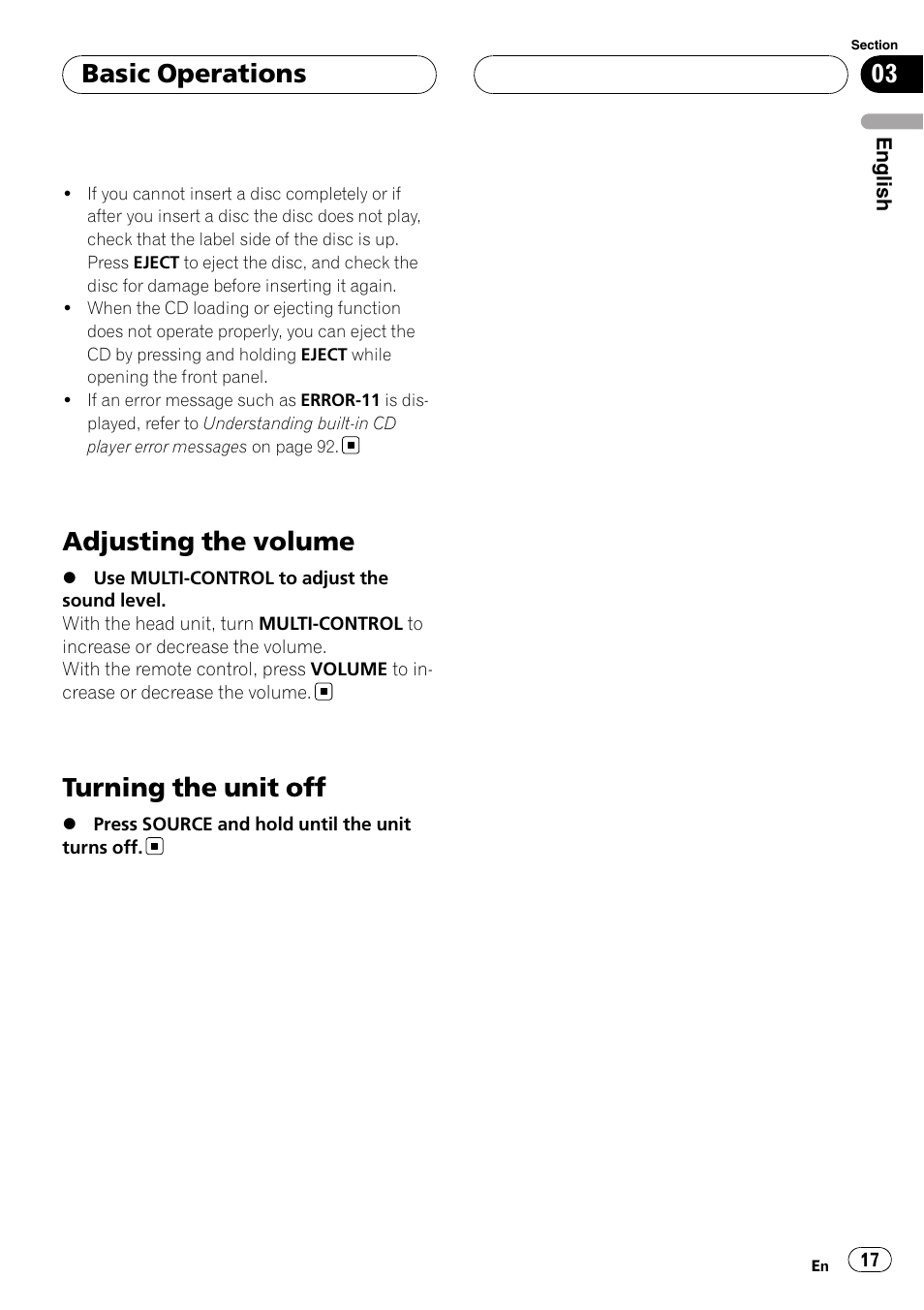 Adjusting the volume, Turning the unit off, Basic operations | Pioneer DEH-P75BT User Manual | Page 17 / 207