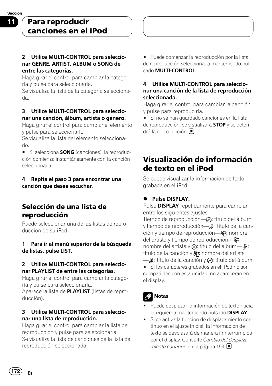 Selección de una lista de, Reproducción, Visualización de información de texto en el | Ipod, Visualización de información de texto en el ipod, Para reproducir canciones en el ipod, Selección de una lista de reproducción | Pioneer DEH-P75BT User Manual | Page 172 / 207