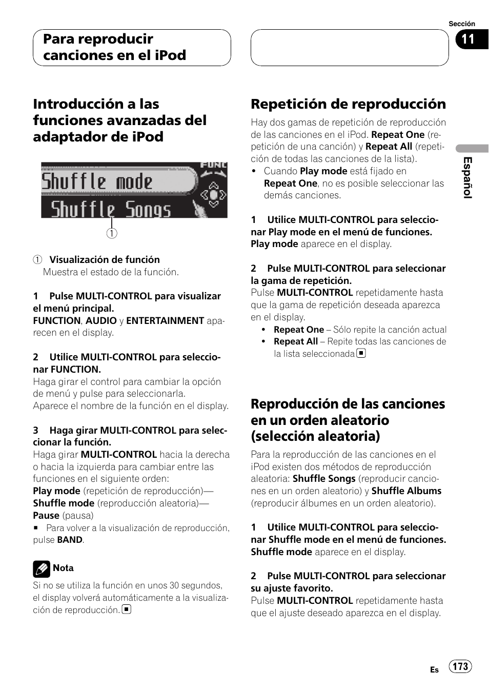 Introducción a las funciones avanzadas del, Adaptador de ipod, Repetición de reproducción | Reproducción de las canciones en un orden, Aleatorio (selección aleatoria), Para reproducir canciones en el ipod | Pioneer DEH-P75BT User Manual | Page 173 / 207