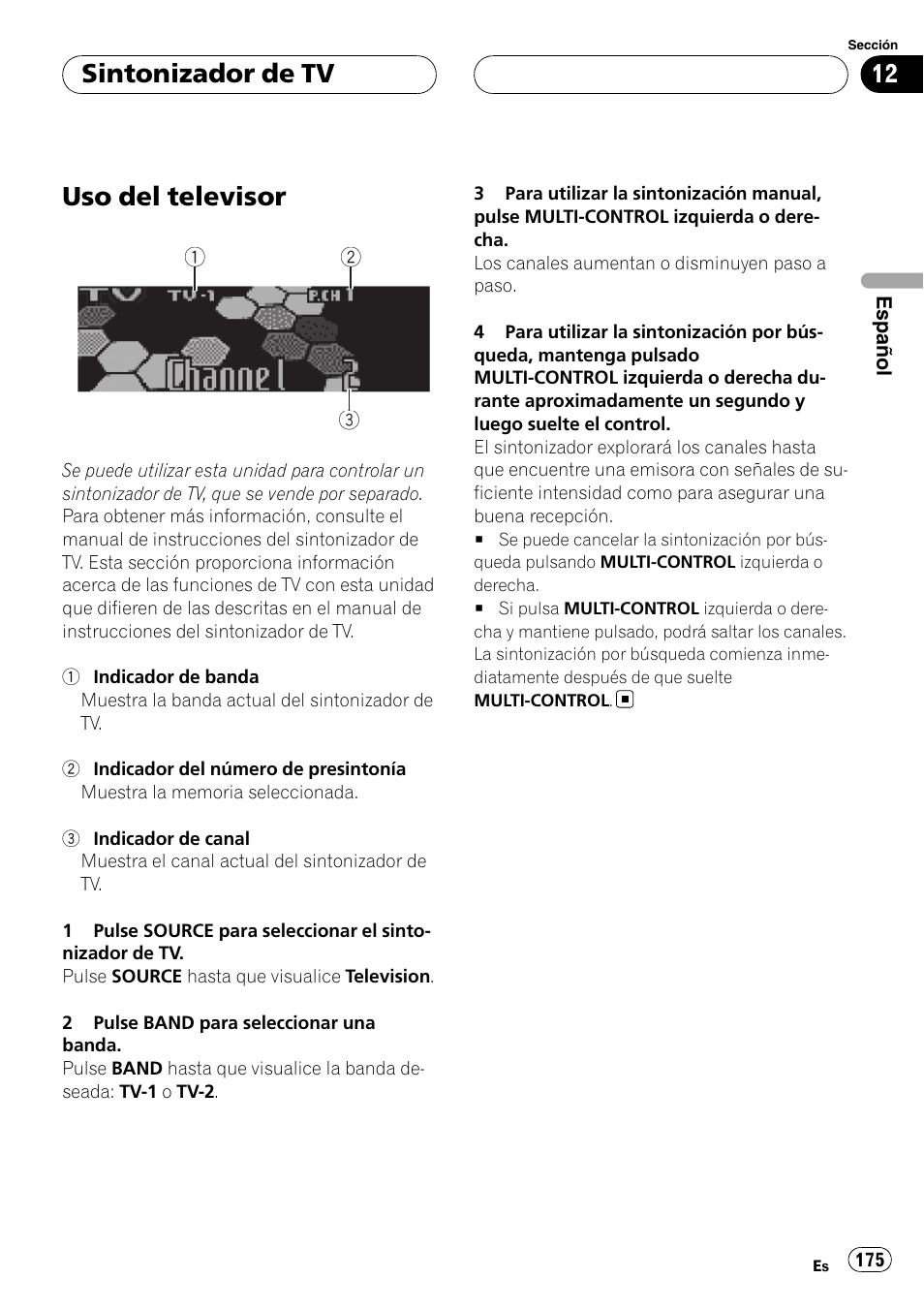 Sintonizador de tv uso del televisor, Uso del televisor, Sintonizador de tv | Pioneer DEH-P75BT User Manual | Page 175 / 207