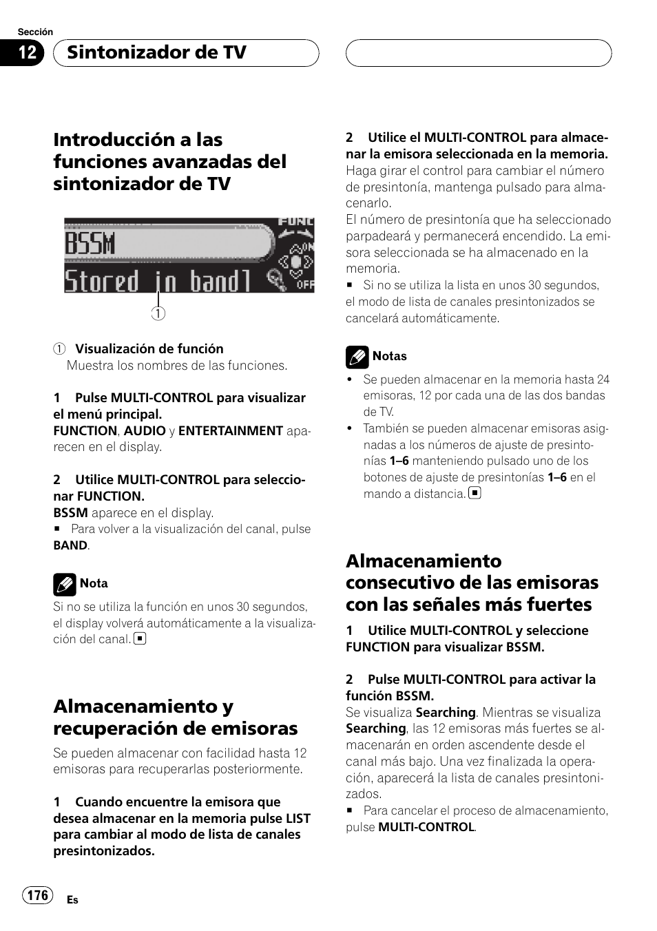 Introducción a las funciones avanzadas del, Sintonizador de tv, Almacenamiento y recuperación de | Emisoras, Almacenamiento consecutivo de las, Emisoras con las señales más fuertes, Almacenamiento y recuperación de emisoras | Pioneer DEH-P75BT User Manual | Page 176 / 207