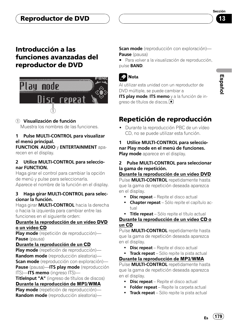 Introducción a las funciones avanzadas del, Reproductor de dvd, Repetición de reproducción | Pioneer DEH-P75BT User Manual | Page 179 / 207
