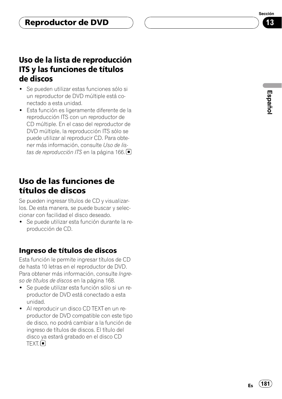 Uso de la lista de reproducción its y las, Funciones de títulos de discos, Uso de las funciones de títulos de | Discos, Ingreso de títulos de discos 181, Uso de las funciones de títulos de discos, Reproductor de dvd | Pioneer DEH-P75BT User Manual | Page 181 / 207