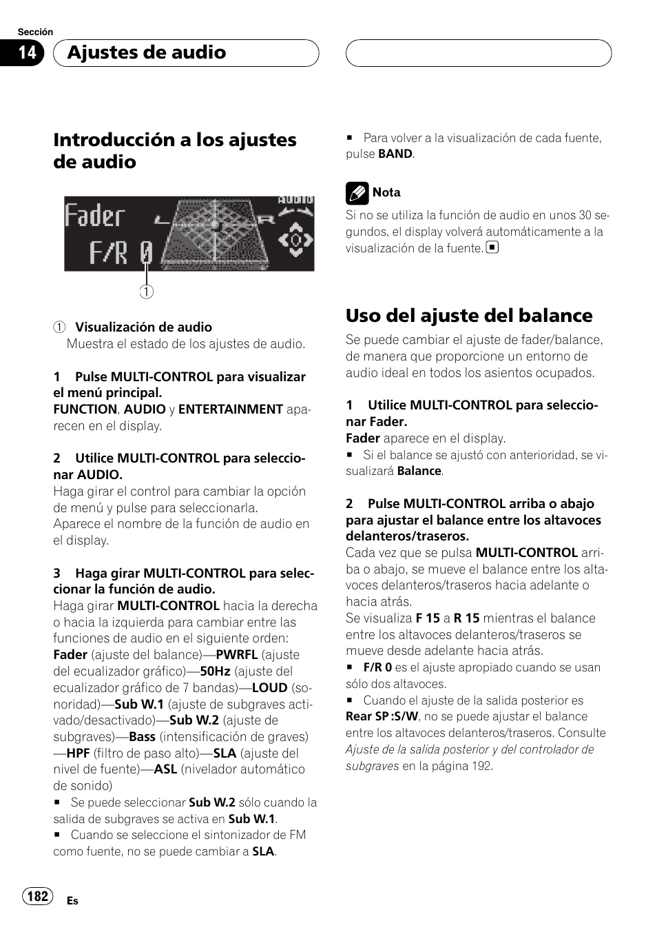 Uso del ajuste del balance, Introducción a los ajustes de audio, Ajustes de audio | Pioneer DEH-P75BT User Manual | Page 182 / 207