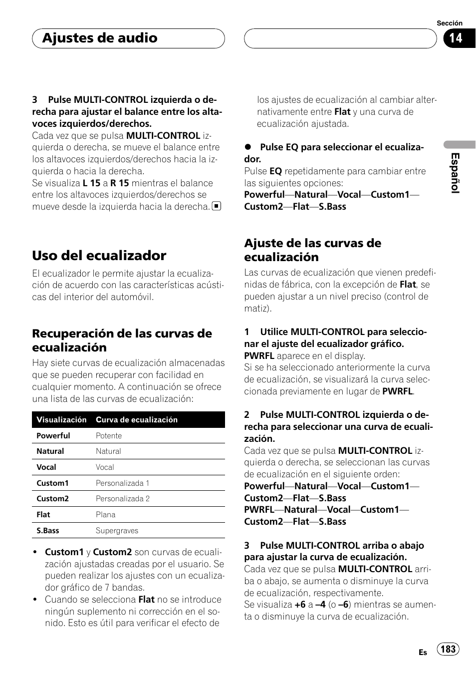 Uso del ecualizador, Recuperación de las curvas de, Ecualización | Ajuste de las curvas de, Ajustes de audio, Recuperación de las curvas de ecualización, Ajuste de las curvas de ecualización | Pioneer DEH-P75BT User Manual | Page 183 / 207