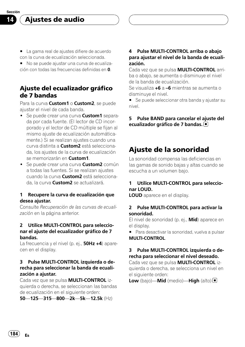 Ajuste del ecualizador gráfico de 7, Bandas, Ajuste de la sonoridad | Ajustes de audio, Ajuste del ecualizador gráfico de 7 bandas | Pioneer DEH-P75BT User Manual | Page 184 / 207