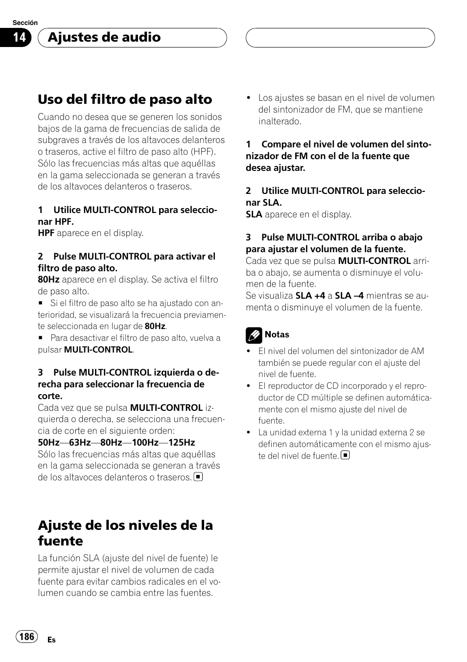 Uso del filtro de paso alto, Ajuste de los niveles de la fuente, Ajustes de audio | Pioneer DEH-P75BT User Manual | Page 186 / 207