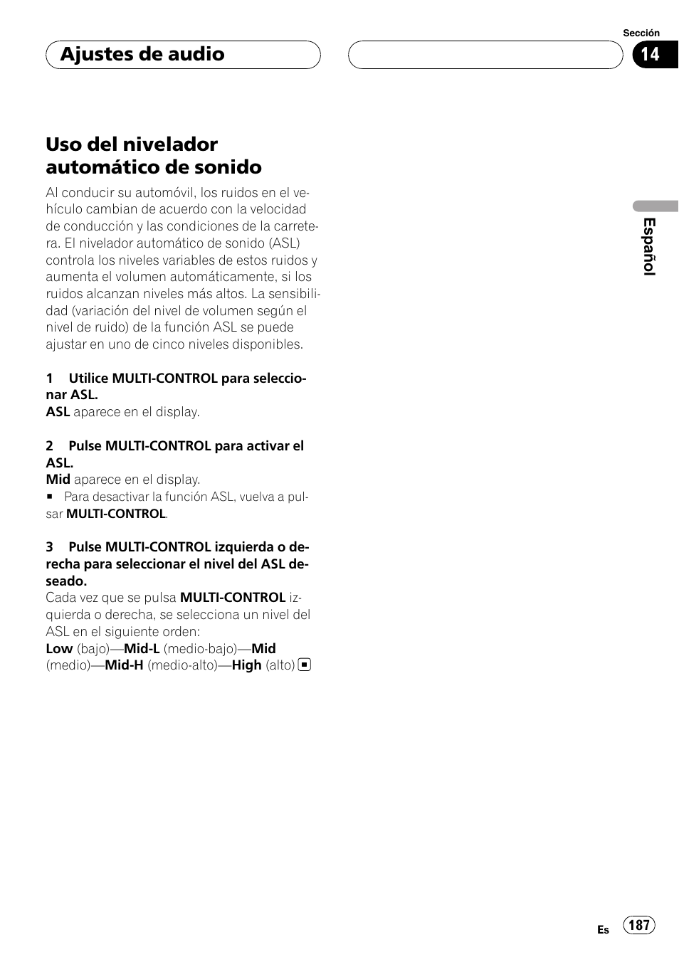 Uso del nivelador automático de sonido, Ajustes de audio | Pioneer DEH-P75BT User Manual | Page 187 / 207