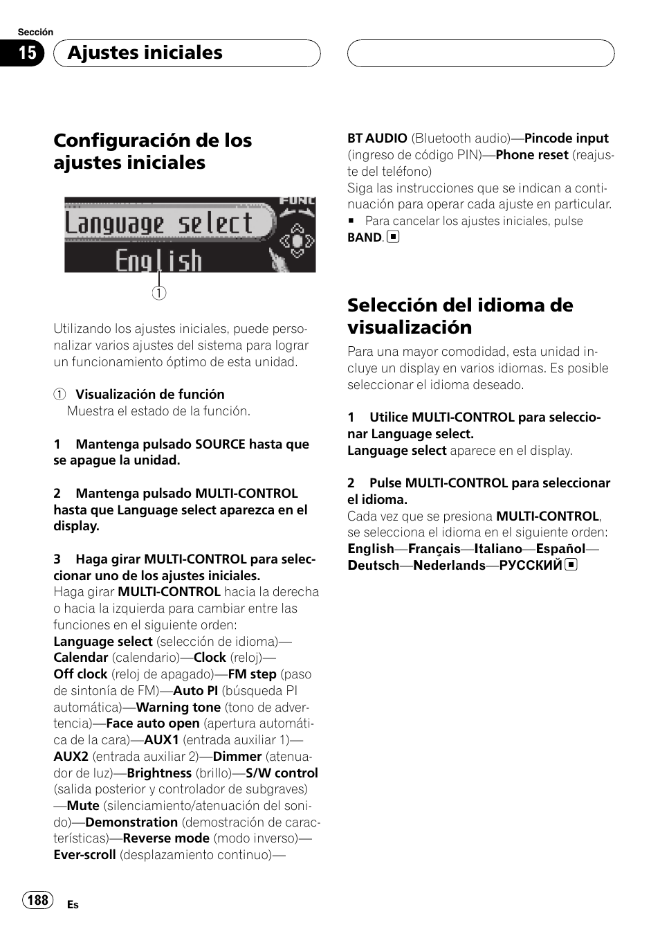 Selección del idioma de visualización, Configuración de los ajustes iniciales, Ajustes iniciales | Pioneer DEH-P75BT User Manual | Page 188 / 207