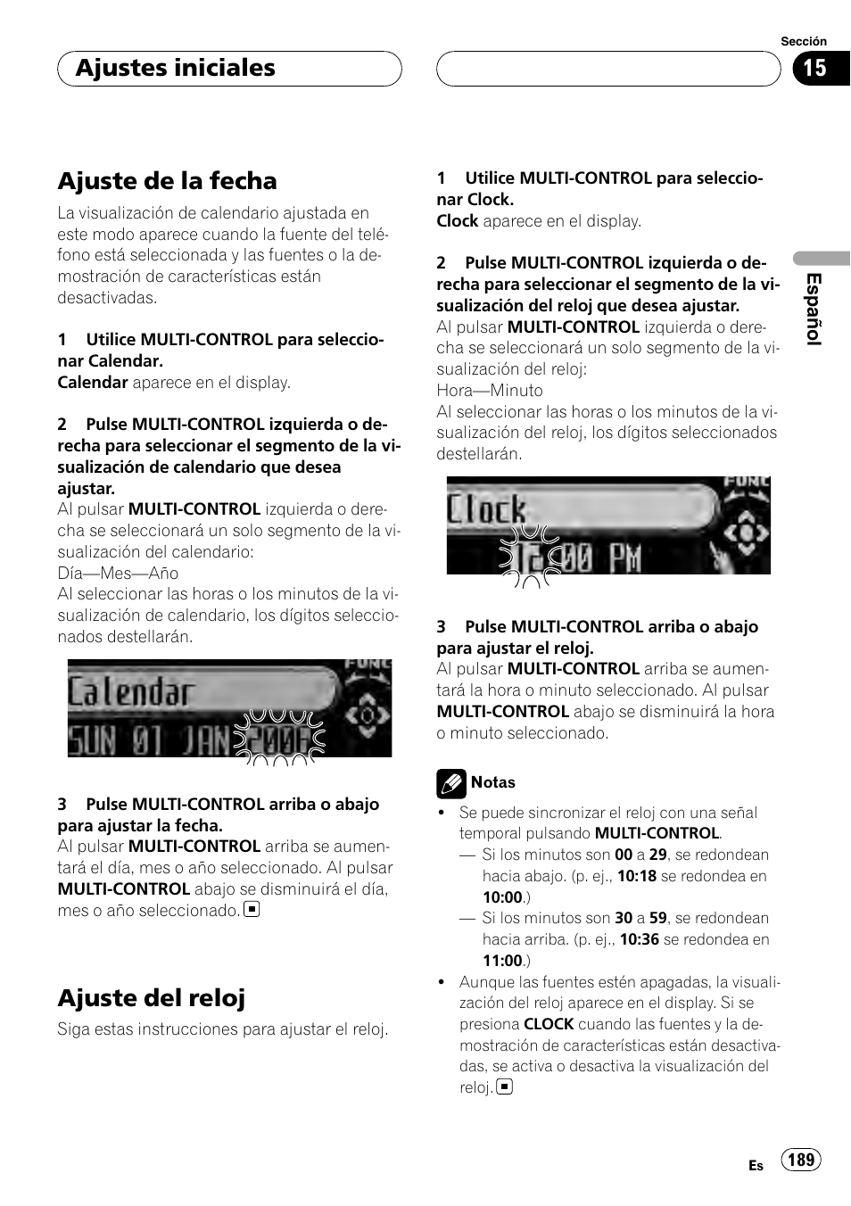 Ajuste de la fecha, Ajuste del reloj, Ajustes iniciales | Pioneer DEH-P75BT User Manual | Page 189 / 207